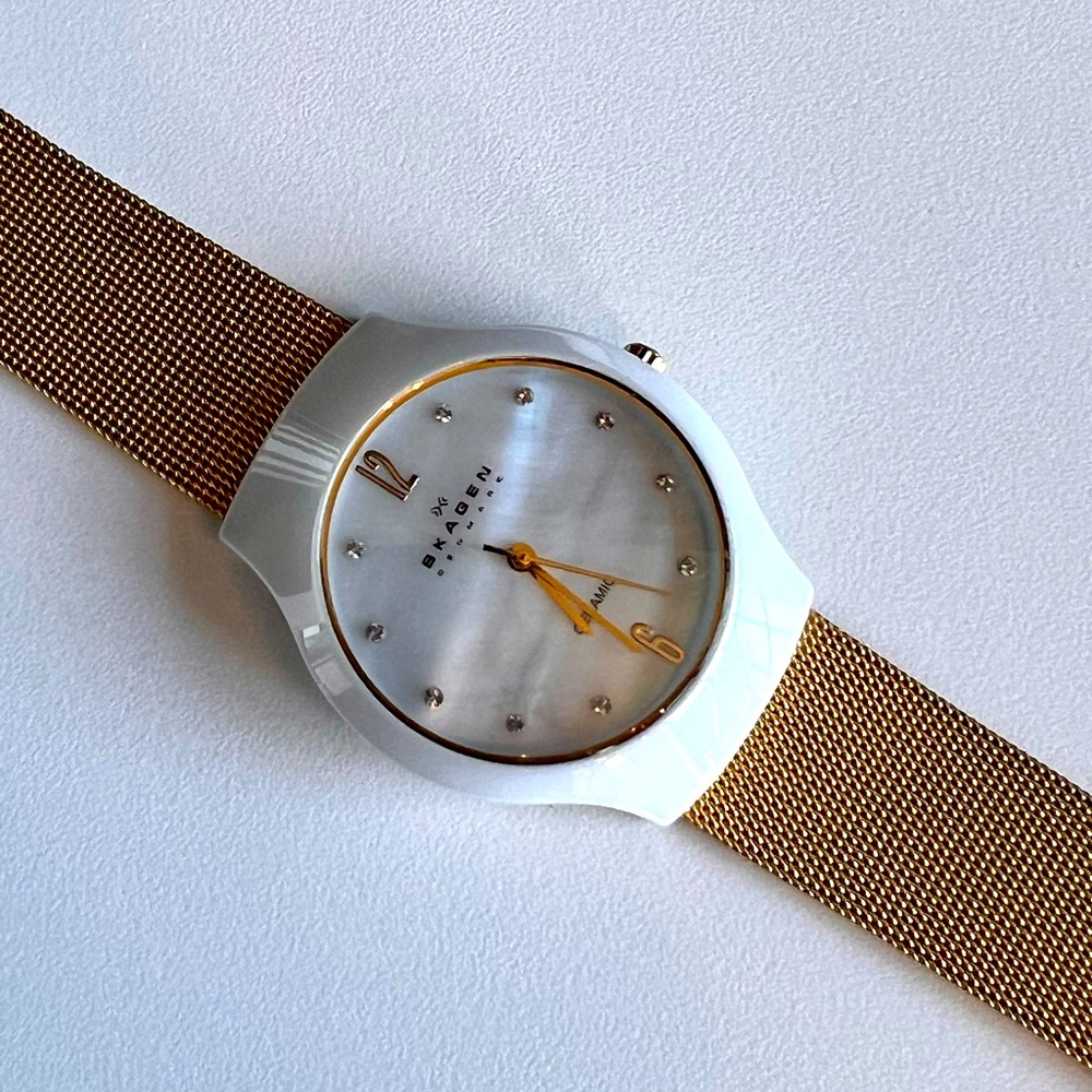 Skagen Gold and White watch with Mother of Pearl Face